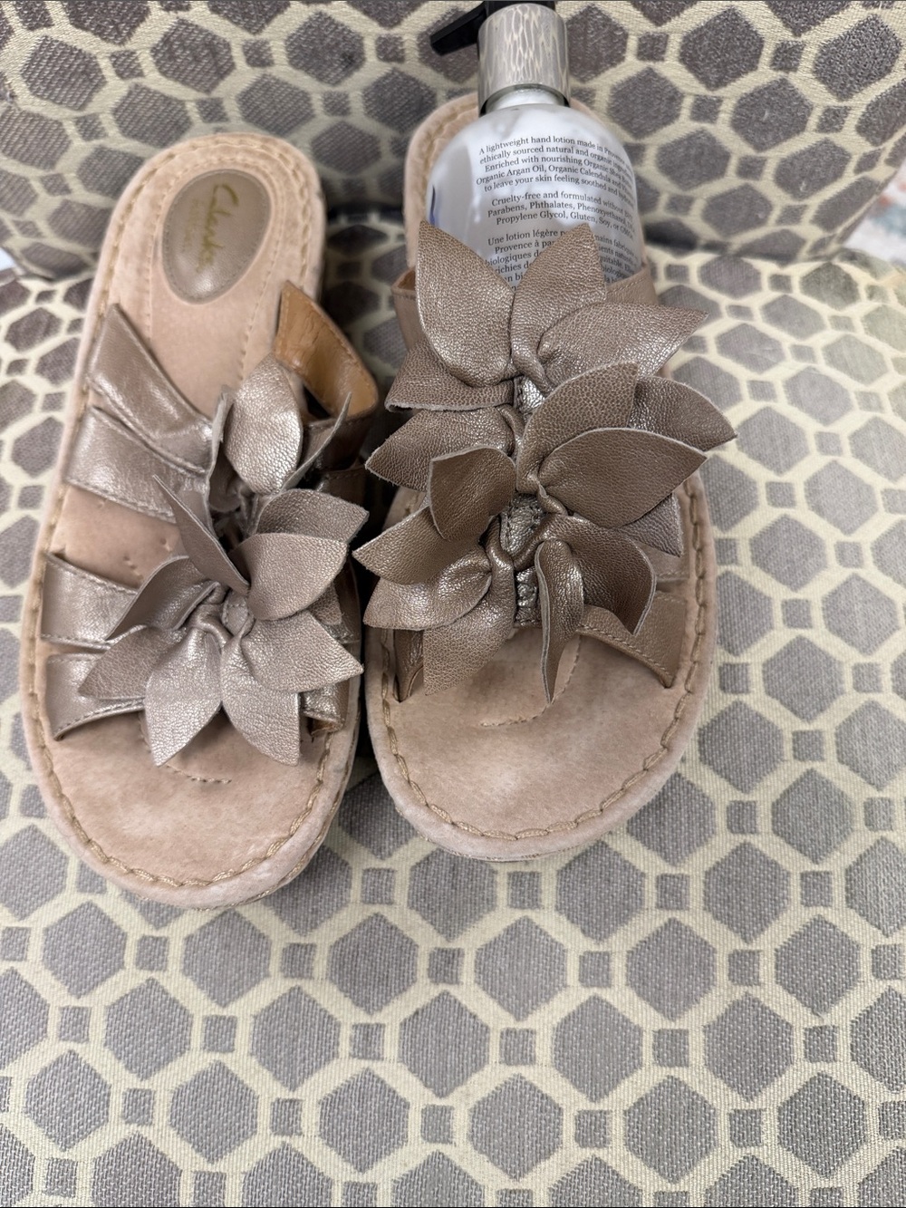 Clarks Metallic Taupe Floral Slide Sandals
